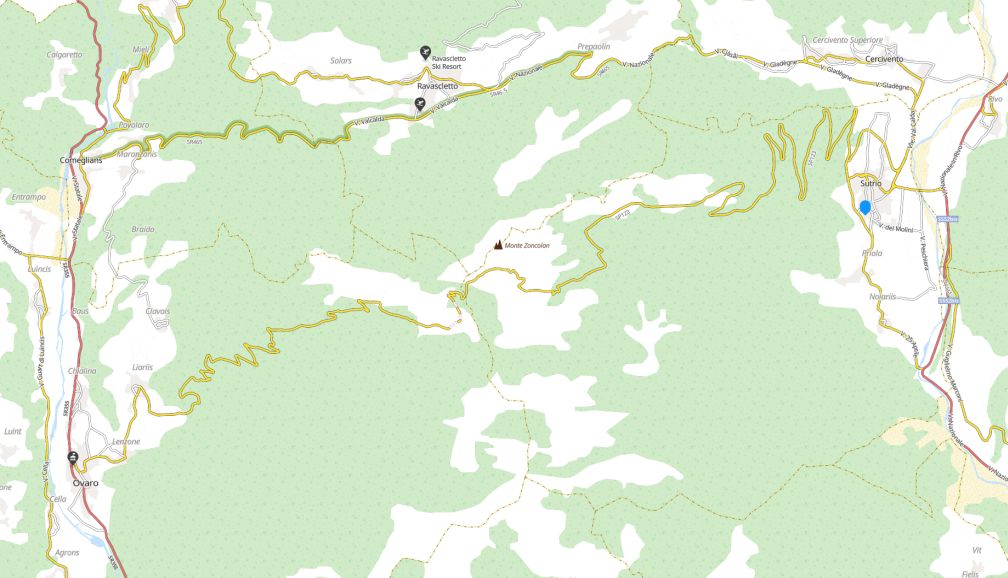 Zoncolan kaart details klim tussen Ovaro en Sutrio